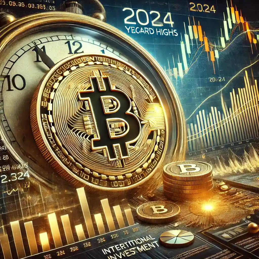 A golden Bitcoin coin with financial graphs showing a decline from record highs, set against a backdrop of digital trading data and year-end adjustments.