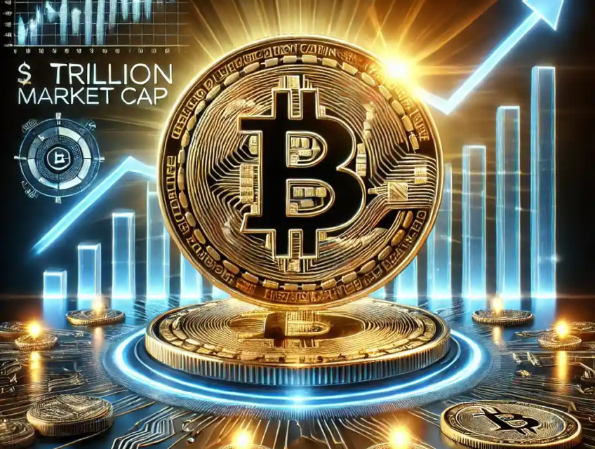 A digital artwork featuring a glowing Bitcoin coin with a six-figure price of $103,800 and a $2 trillion market cap, surrounded by upward-trending graphs, blockchain visuals, and ETF symbols on a black background with gold and blue highlights.