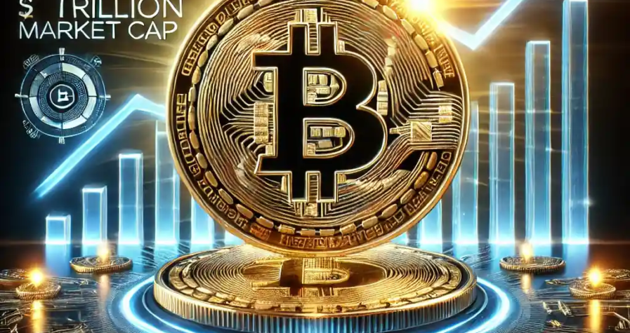 A digital artwork featuring a glowing Bitcoin coin with a six-figure price of $103,800 and a $2 trillion market cap, surrounded by upward-trending graphs, blockchain visuals, and ETF symbols on a black background with gold and blue highlights.