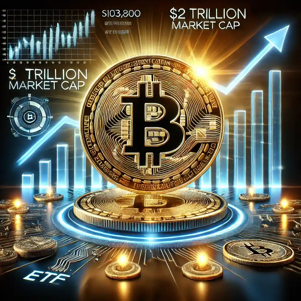 A digital artwork featuring a glowing Bitcoin coin with a six-figure price of $103,800 and a $2 trillion market cap, surrounded by upward-trending graphs, blockchain visuals, and ETF symbols on a black background with gold and blue highlights.