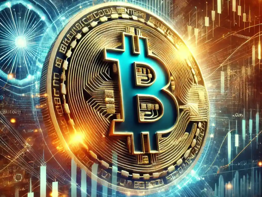 Futuristic digital artwork depicting Bitcoin's recovery after a sharp price dip, with a glowing Bitcoin symbol emerging against a backdrop of fluctuating financial graphs and a quantum computing chip