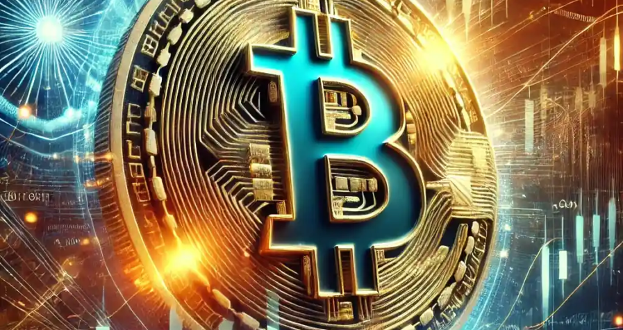 Futuristic digital artwork depicting Bitcoin's recovery after a sharp price dip, with a glowing Bitcoin symbol emerging against a backdrop of fluctuating financial graphs and a quantum computing chip