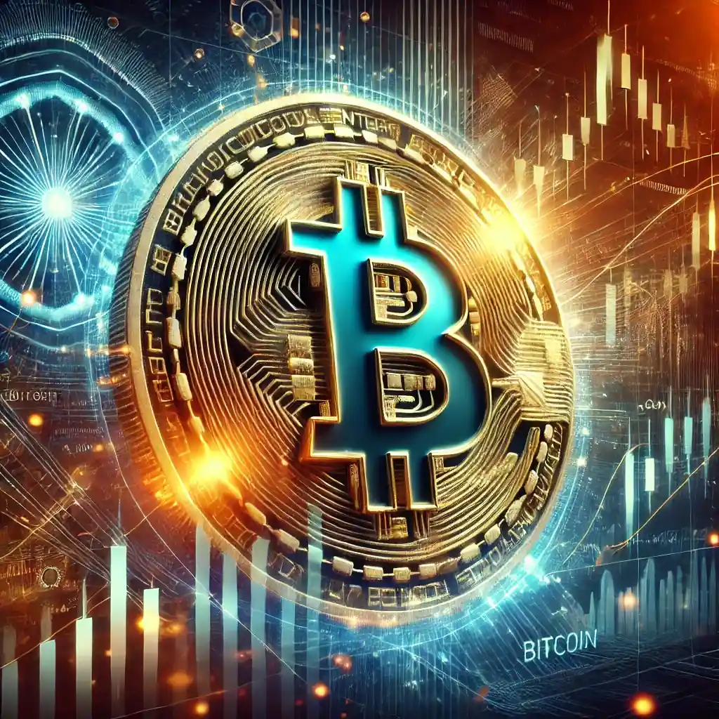Futuristic digital artwork depicting Bitcoin's recovery after a sharp price dip, with a glowing Bitcoin symbol emerging against a backdrop of fluctuating financial graphs and a quantum computing chip