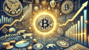 Illustration numérique représentant le Bitcoin sous la barre des 100 000 $, avec des graphiques financiers et des symboles d'incertitude économique.