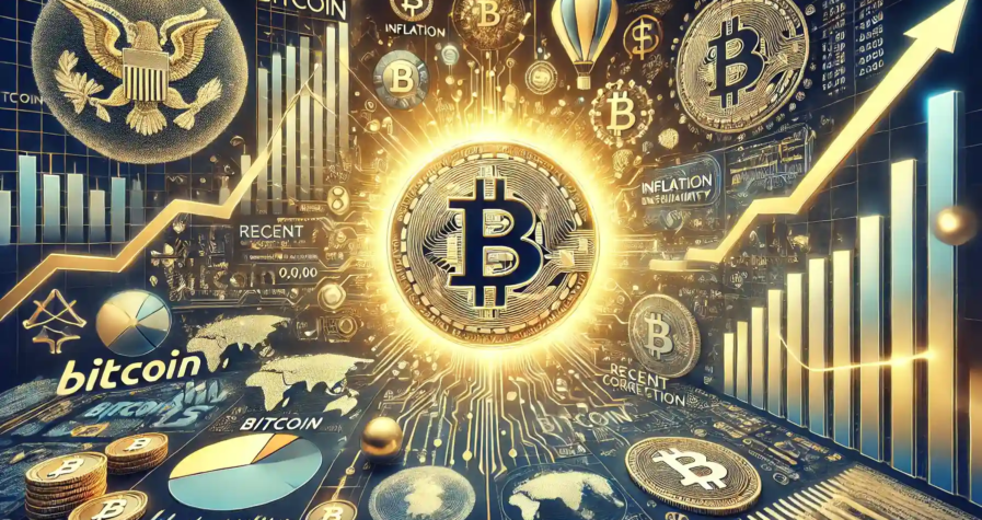 Illustration numérique représentant le Bitcoin sous la barre des 100 000 $, avec des graphiques financiers et des symboles d'incertitude économique.