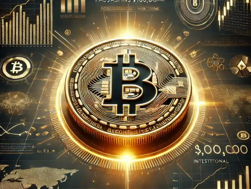 A professional digital artwork showcasing Bitcoin surpassing $100,000, with a glowing Bitcoin coin surrounded by financial graphs and digital currency symbols, set against a dark background.