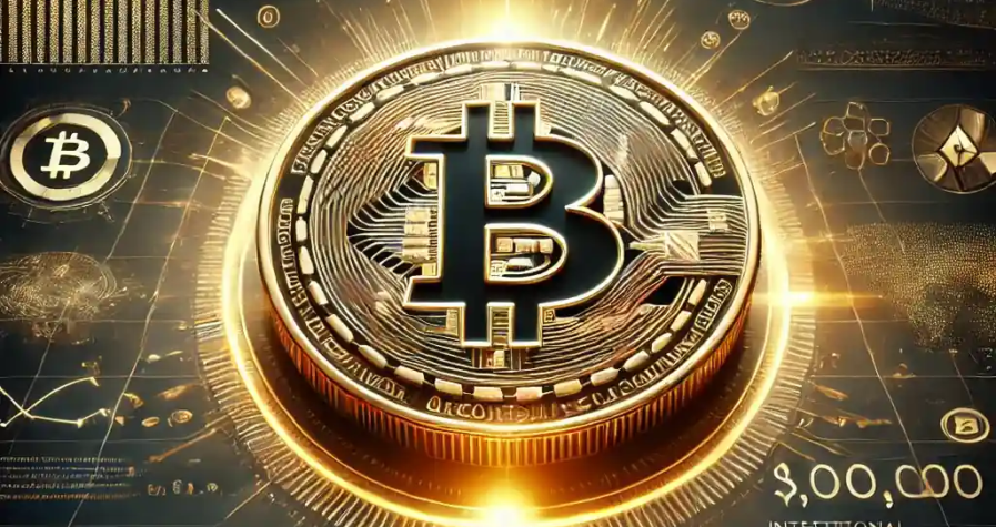 A professional digital artwork showcasing Bitcoin surpassing $100,000, with a glowing Bitcoin coin surrounded by financial graphs and digital currency symbols, set against a dark background.