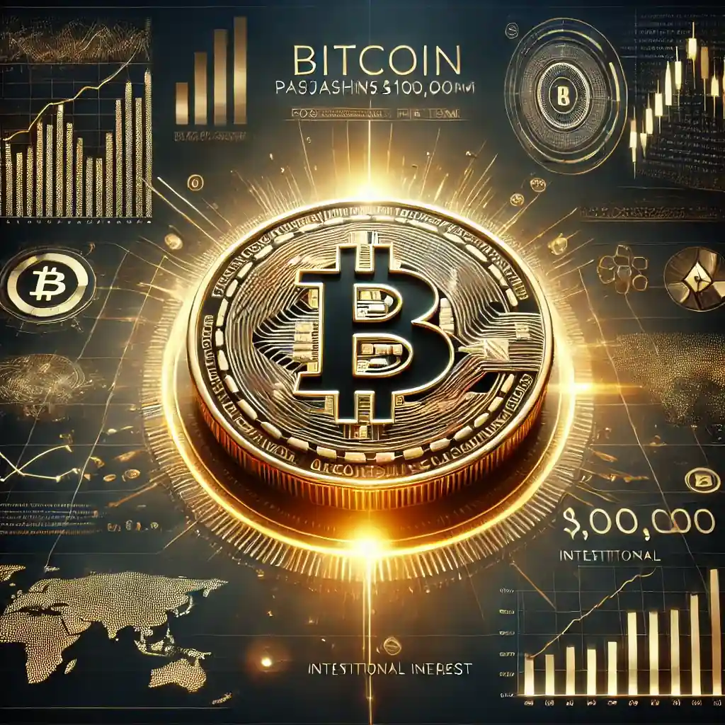 A professional digital artwork showcasing Bitcoin surpassing $100,000, with a glowing Bitcoin coin surrounded by financial graphs and digital currency symbols, set against a dark background.