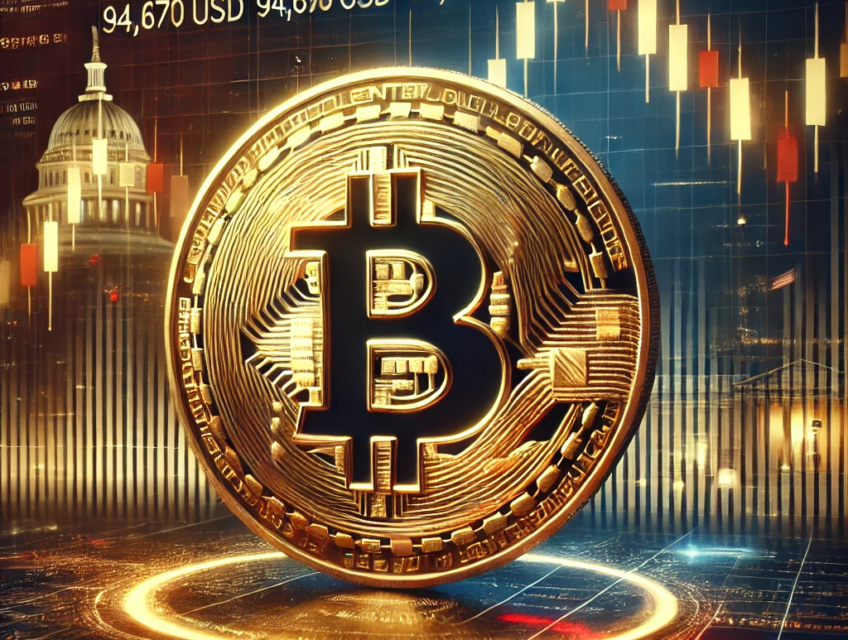 Illustration représentant la volatilité du Bitcoin en 2024, montrant une baisse de son prix à 94 673 USD sur un graphique boursier, entourée de symboles financiers et politiques.