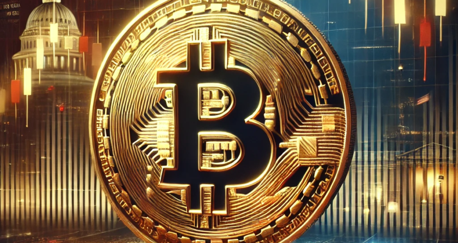 Illustration représentant la volatilité du Bitcoin en 2024, montrant une baisse de son prix à 94 673 USD sur un graphique boursier, entourée de symboles financiers et politiques.