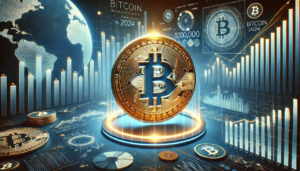 Illustration réaliste du Bitcoin atteignant 100 000 $, avec des graphiques financiers et une ambiance technologique bleue.