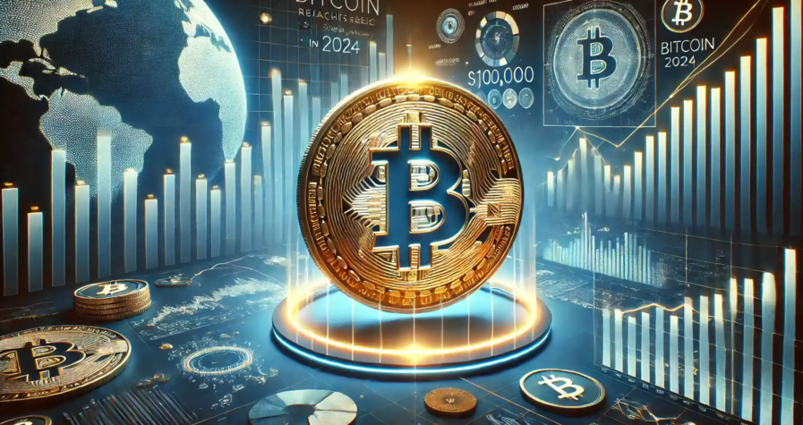 Illustration réaliste du Bitcoin atteignant 100 000 $, avec des graphiques financiers et une ambiance technologique bleue.