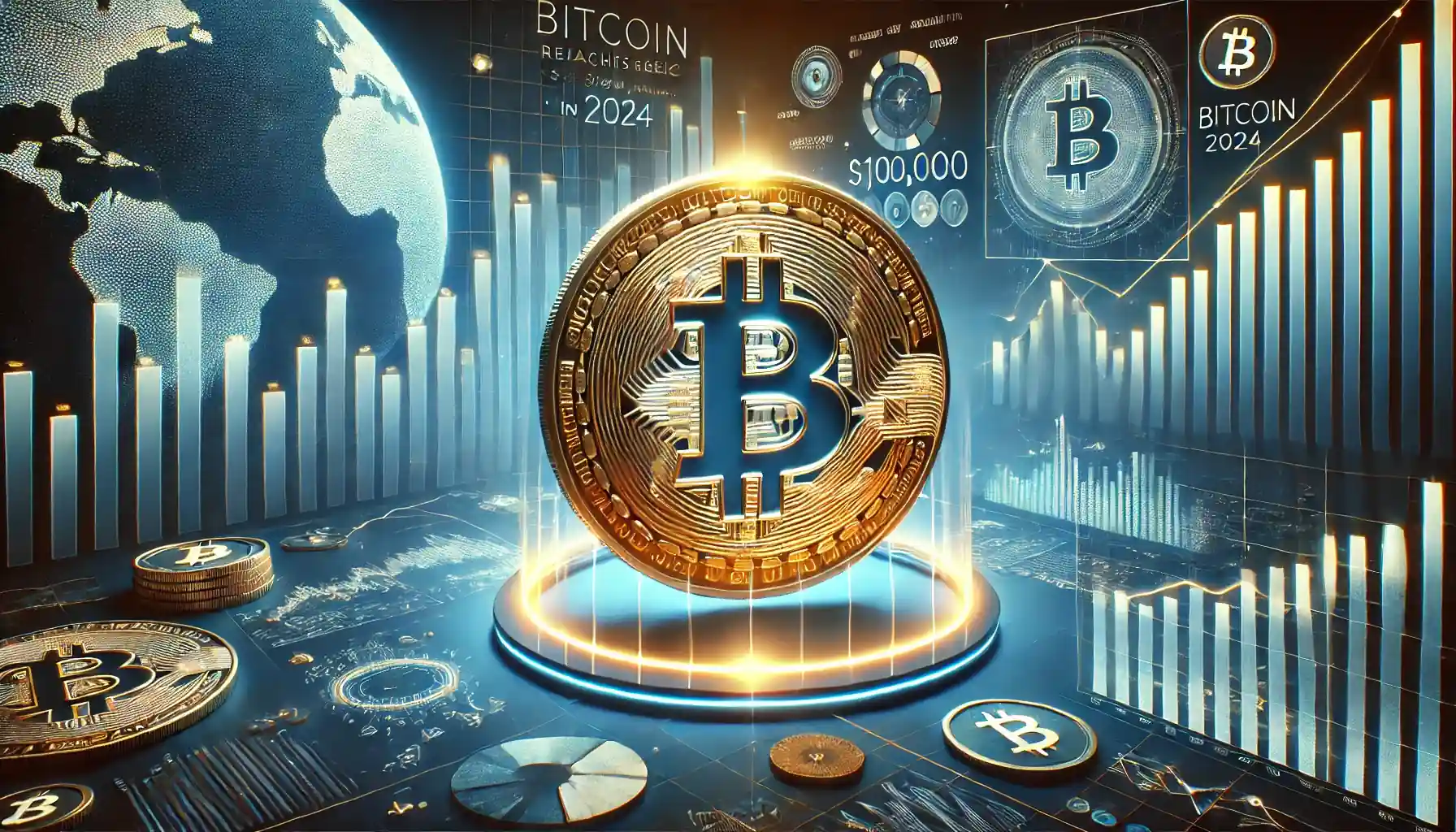 Illustration réaliste du Bitcoin atteignant 100 000 $, avec des graphiques financiers et une ambiance technologique bleue.