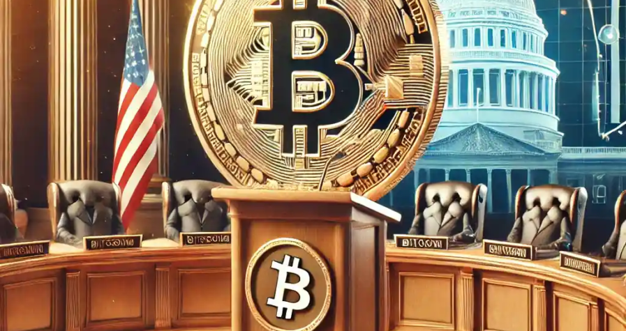 A detailed digital illustration showcasing a golden Bitcoin coin on a podium resembling a government building, surrounded by elements of finance and governance, with a U.S. flag subtly integrated in the background.