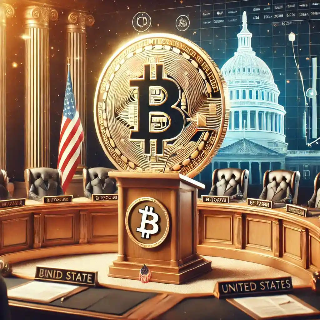 A detailed digital illustration showcasing a golden Bitcoin coin on a podium resembling a government building, surrounded by elements of finance and governance, with a U.S. flag subtly integrated in the background.
