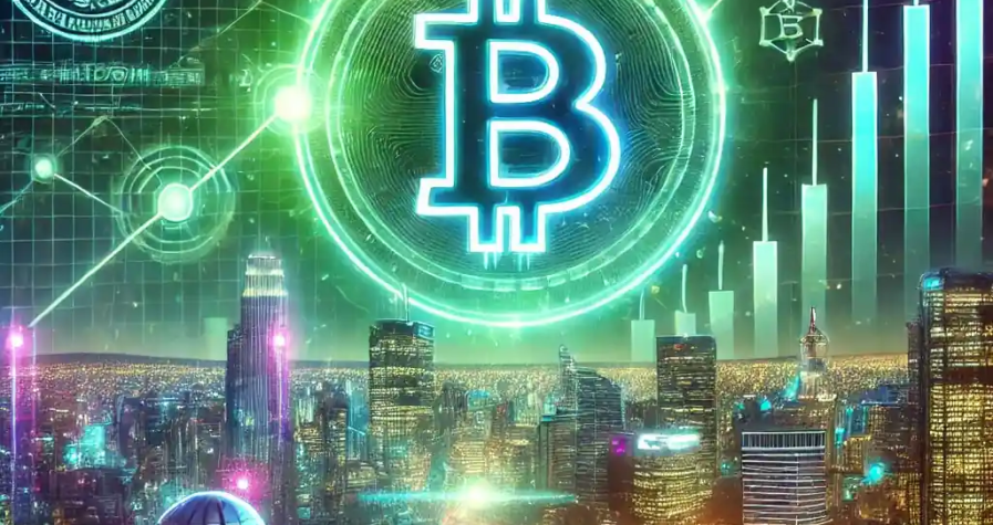 Une illustration numérique cyberpunk représentant le Bitcoin atteignant un sommet historique de 106 000 $, avec des lumières vert néon, une ville futuriste et des graphiques de données numériques symbolisant la volatilité du marché.
