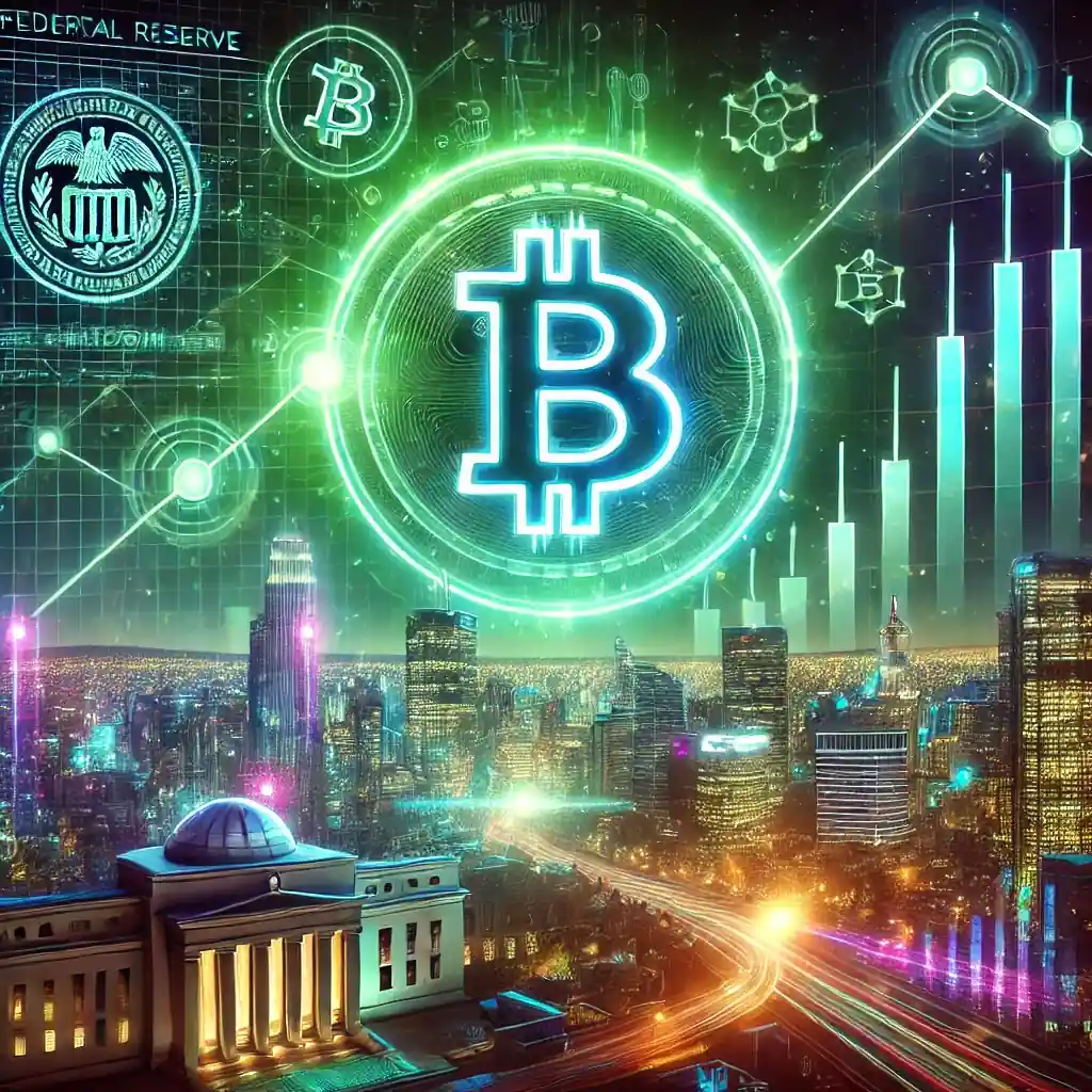 Une illustration numérique cyberpunk représentant le Bitcoin atteignant un sommet historique de 106 000 $, avec des lumières vert néon, une ville futuriste et des graphiques de données numériques symbolisant la volatilité du marché.