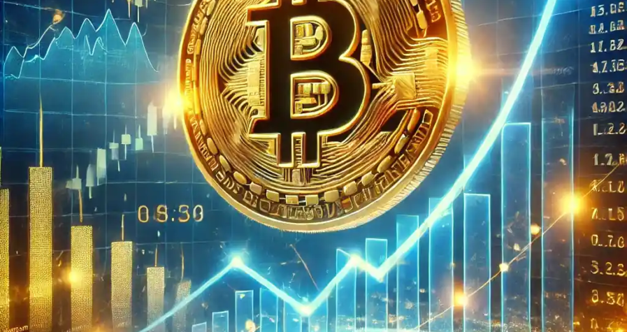 Illustration réaliste représentant le Bitcoin atteignant un sommet historique avec un logo Bitcoin lumineux et un graphique financier ascendant sur un fond de marché boursier numérique.