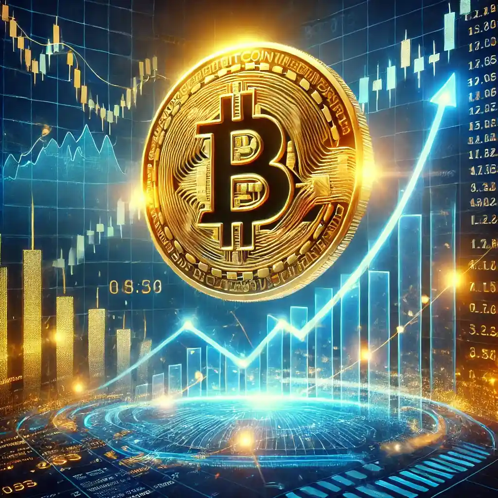 Illustration réaliste représentant le Bitcoin atteignant un sommet historique avec un logo Bitcoin lumineux et un graphique financier ascendant sur un fond de marché boursier numérique.