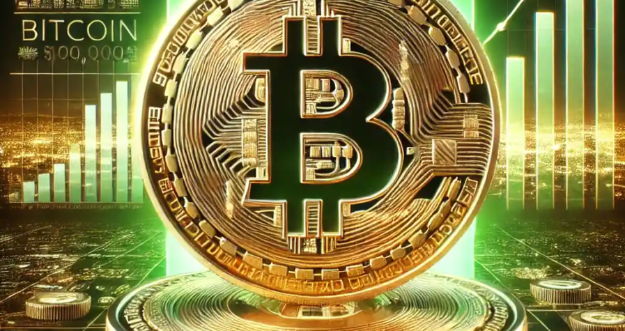 Une illustration réaliste du Bitcoin franchissant le cap des 100 000 $, avec une pièce Bitcoin dorée au centre et des flèches vertes symbolisant la croissance financière.
