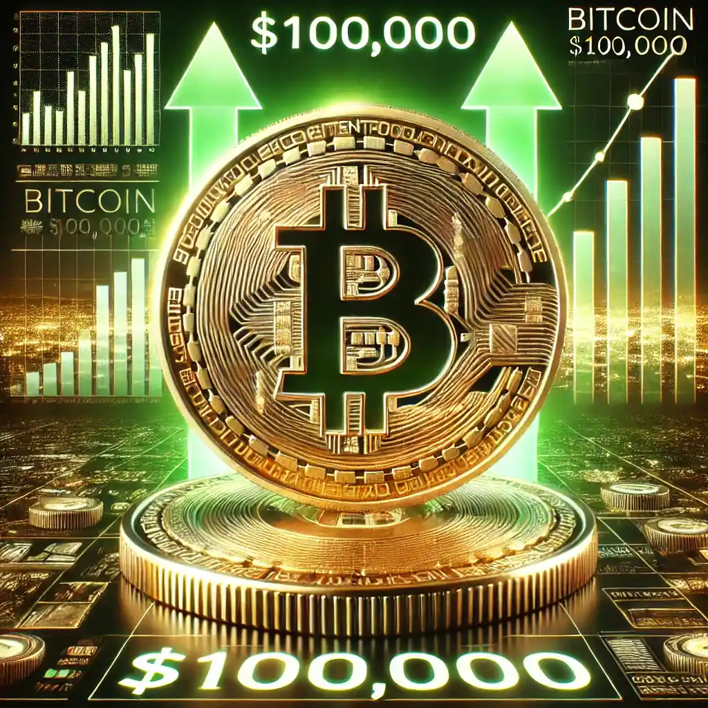 Une illustration réaliste du Bitcoin franchissant le cap des 100 000 $, avec une pièce Bitcoin dorée au centre et des flèches vertes symbolisant la croissance financière.