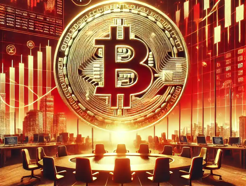 Illustration réaliste et dynamique du Bitcoin en 2024, symbolisant son adoption institutionnelle et le soutien politique avec un graphique financier ascendant.