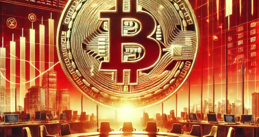 Illustration réaliste et dynamique du Bitcoin en 2024, symbolisant son adoption institutionnelle et le soutien politique avec un graphique financier ascendant.