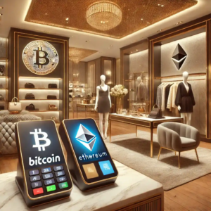 Illustration d’une boutique de luxe acceptant Bitcoin et Ethereum comme moyens de paiement, intégrant technologie et haute couture.