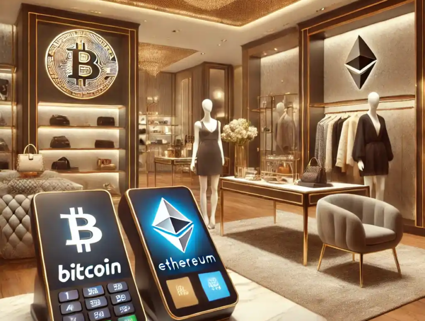 Illustration d’une boutique de luxe acceptant Bitcoin et Ethereum comme moyens de paiement, intégrant technologie et haute couture.
