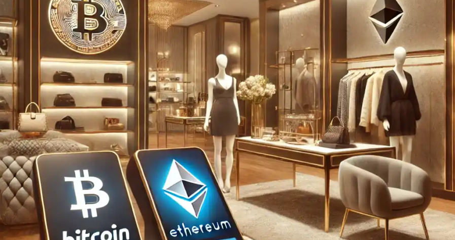 Illustration d’une boutique de luxe acceptant Bitcoin et Ethereum comme moyens de paiement, intégrant technologie et haute couture.