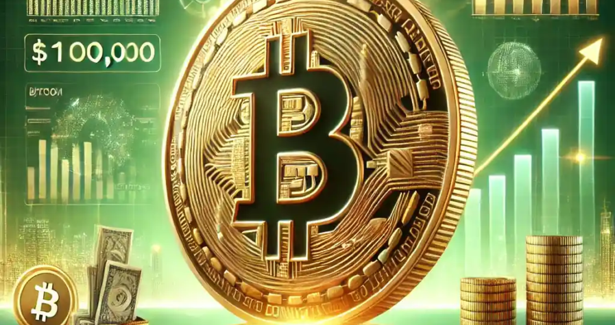 A realistic digital artwork showcasing Bitcoin's historic milestone of surpassing $100,000, featuring a large golden Bitcoin coin in the foreground surrounded by financial symbols like stock charts and glowing graphs, with a green background symbolizing growth and prosperity.