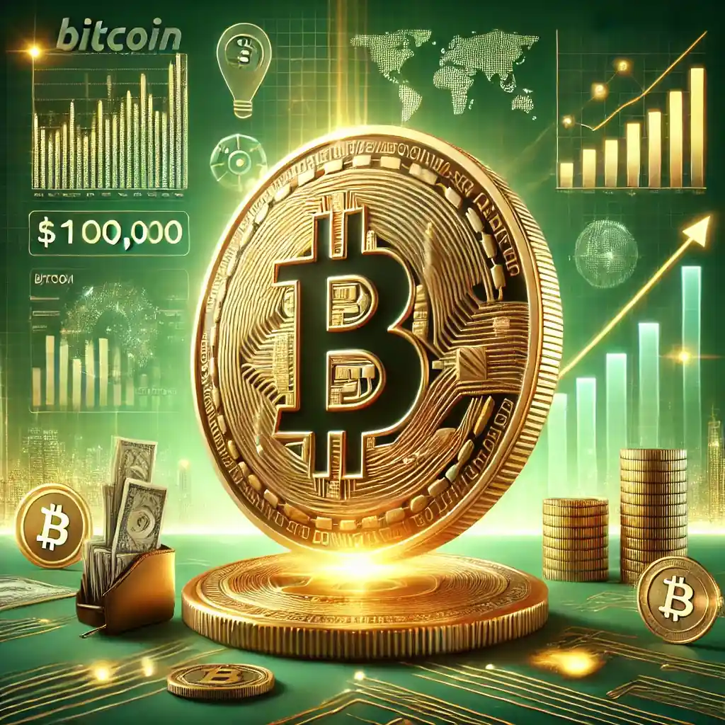 A realistic digital artwork showcasing Bitcoin's historic milestone of surpassing $100,000, featuring a large golden Bitcoin coin in the foreground surrounded by financial symbols like stock charts and glowing graphs, with a green background symbolizing growth and prosperity.