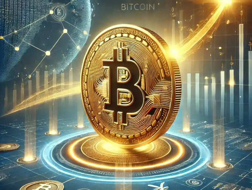A dynamic and realistic digital artwork showcasing Bitcoin's journey to reaching $100,000. The glowing Bitcoin coin is prominently displayed with a golden upward trajectory graph in the background. Subtle global financial icons, including stock charts and currency symbols, emphasize its global acceptance, framed in blue and gold tones for an optimistic atmosphere.