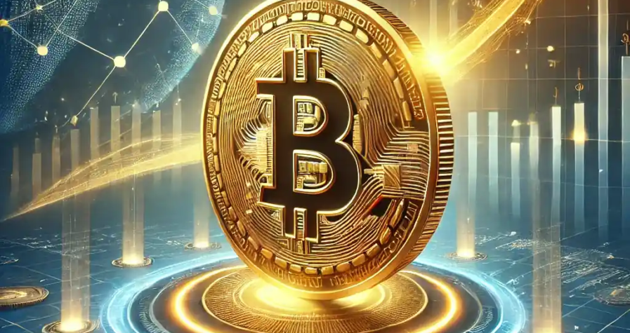 A dynamic and realistic digital artwork showcasing Bitcoin's journey to reaching $100,000. The glowing Bitcoin coin is prominently displayed with a golden upward trajectory graph in the background. Subtle global financial icons, including stock charts and currency symbols, emphasize its global acceptance, framed in blue and gold tones for an optimistic atmosphere.