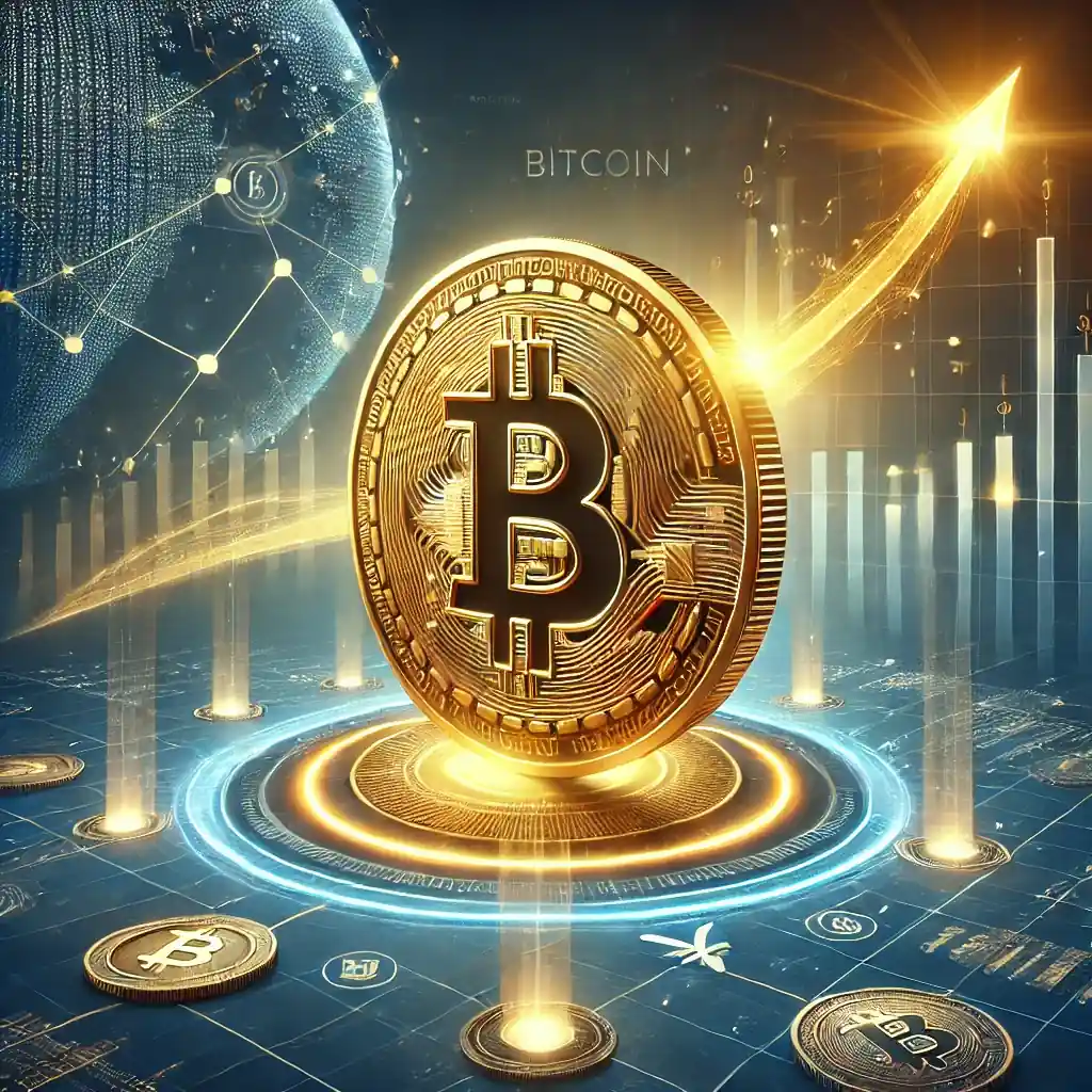 A dynamic and realistic digital artwork showcasing Bitcoin's journey to reaching $100,000. The glowing Bitcoin coin is prominently displayed with a golden upward trajectory graph in the background. Subtle global financial icons, including stock charts and currency symbols, emphasize its global acceptance, framed in blue and gold tones for an optimistic atmosphere.