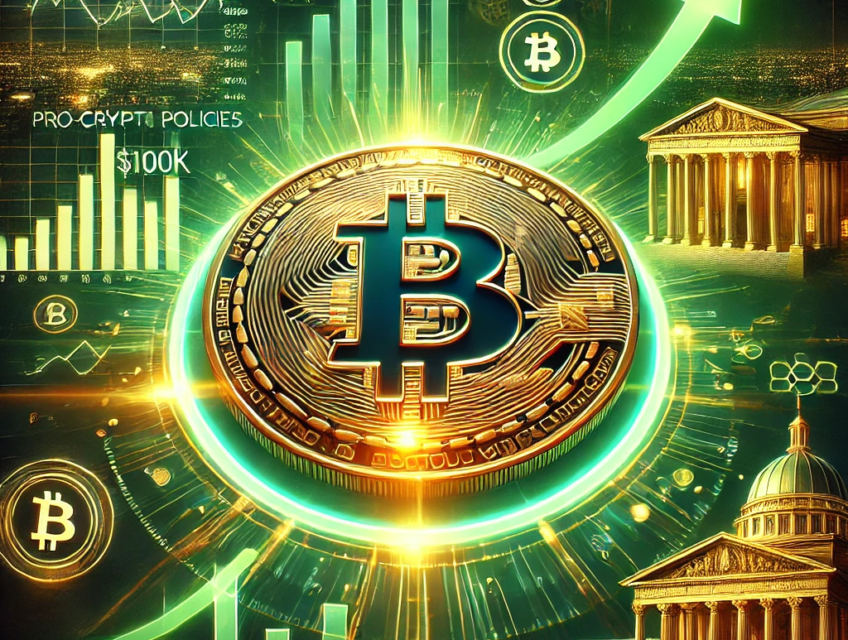 A digital artwork showcasing a glowing Bitcoin coin set against a vibrant green backdrop, surrounded by financial graphs, government buildings, and global market symbols, reflecting Bitcoin's rally and pro-crypto policies.