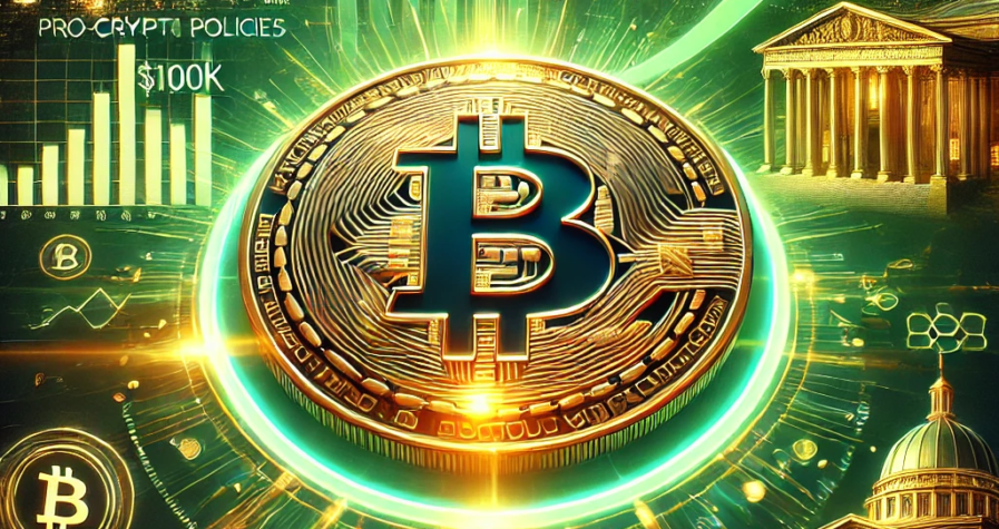 A digital artwork showcasing a glowing Bitcoin coin set against a vibrant green backdrop, surrounded by financial graphs, government buildings, and global market symbols, reflecting Bitcoin's rally and pro-crypto policies.