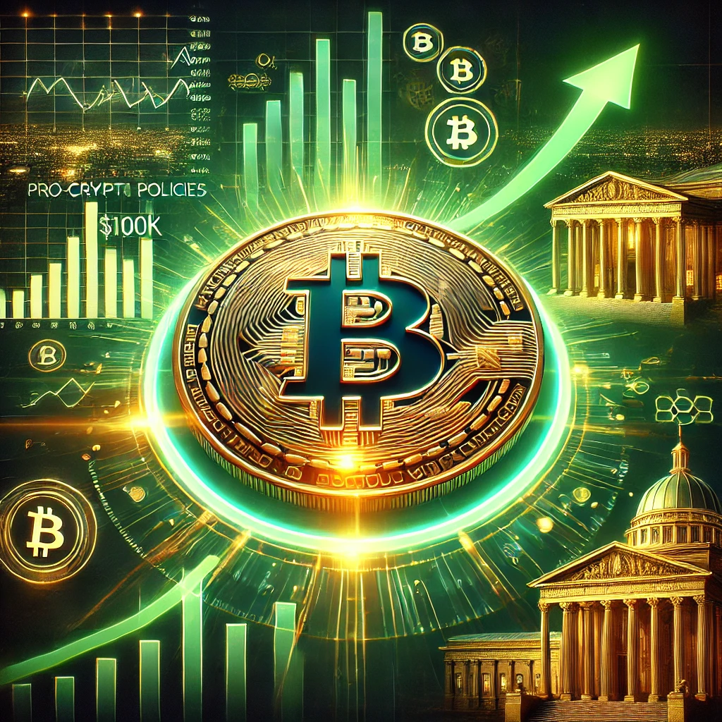 A digital artwork showcasing a glowing Bitcoin coin set against a vibrant green backdrop, surrounded by financial graphs, government buildings, and global market symbols, reflecting Bitcoin's rally and pro-crypto policies.