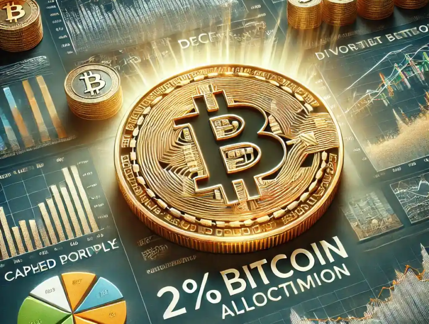 A golden Bitcoin coin with financial charts showing its surge past $100,000, alongside a pie chart emphasizing a 2% portfolio allocation.