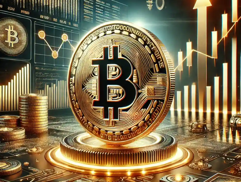 A golden Bitcoin prominently displayed against a backdrop of digital financial graphs, ETFs, and stock market tickers, symbolizing its record-breaking rise in 2024.