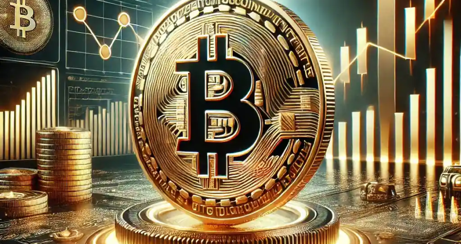 A golden Bitcoin prominently displayed against a backdrop of digital financial graphs, ETFs, and stock market tickers, symbolizing its record-breaking rise in 2024.