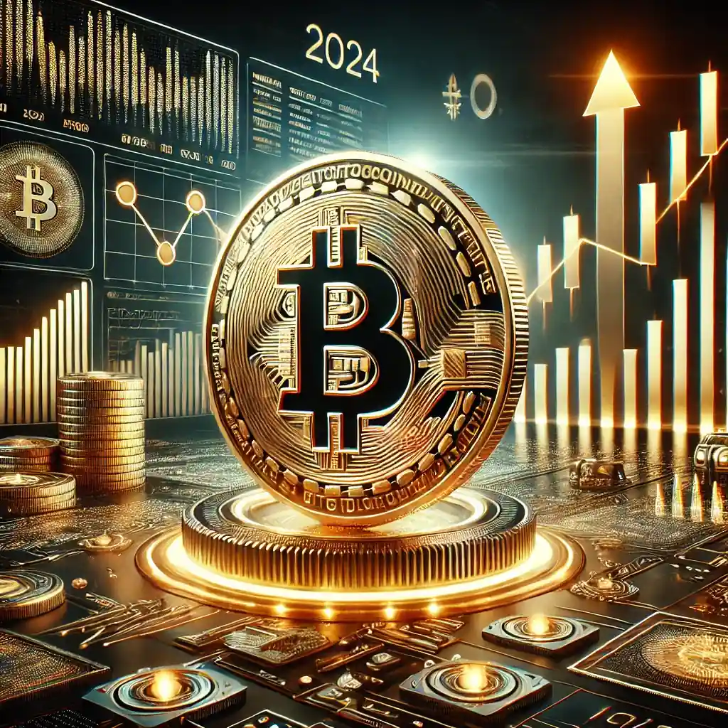 A golden Bitcoin prominently displayed against a backdrop of digital financial graphs, ETFs, and stock market tickers, symbolizing its record-breaking rise in 2024.
