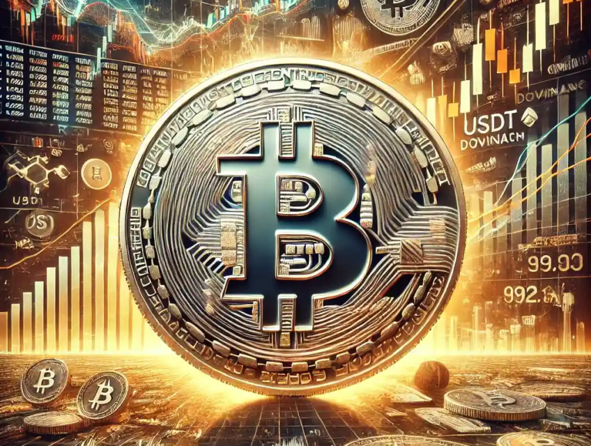 Bitcoin coin with fluctuating trading graphs, highlighting price levels between $92,000 and $99,000, with bearish and bullish market indicators.