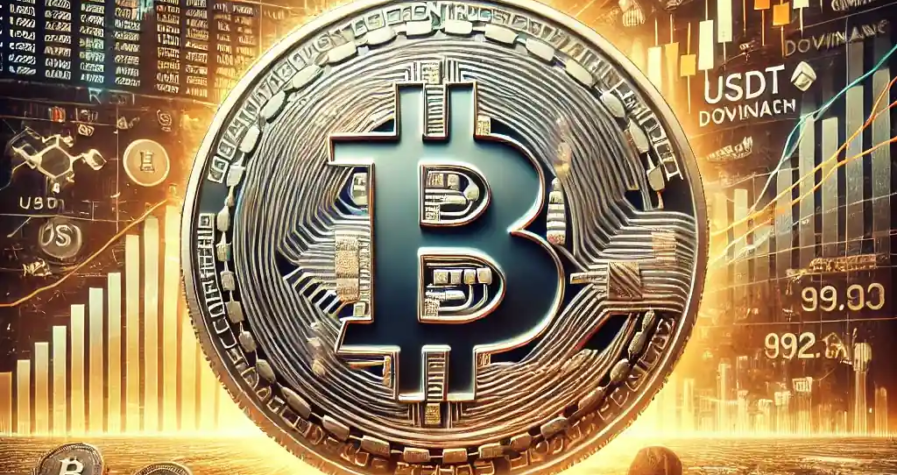 Bitcoin coin with fluctuating trading graphs, highlighting price levels between $92,000 and $99,000, with bearish and bullish market indicators.