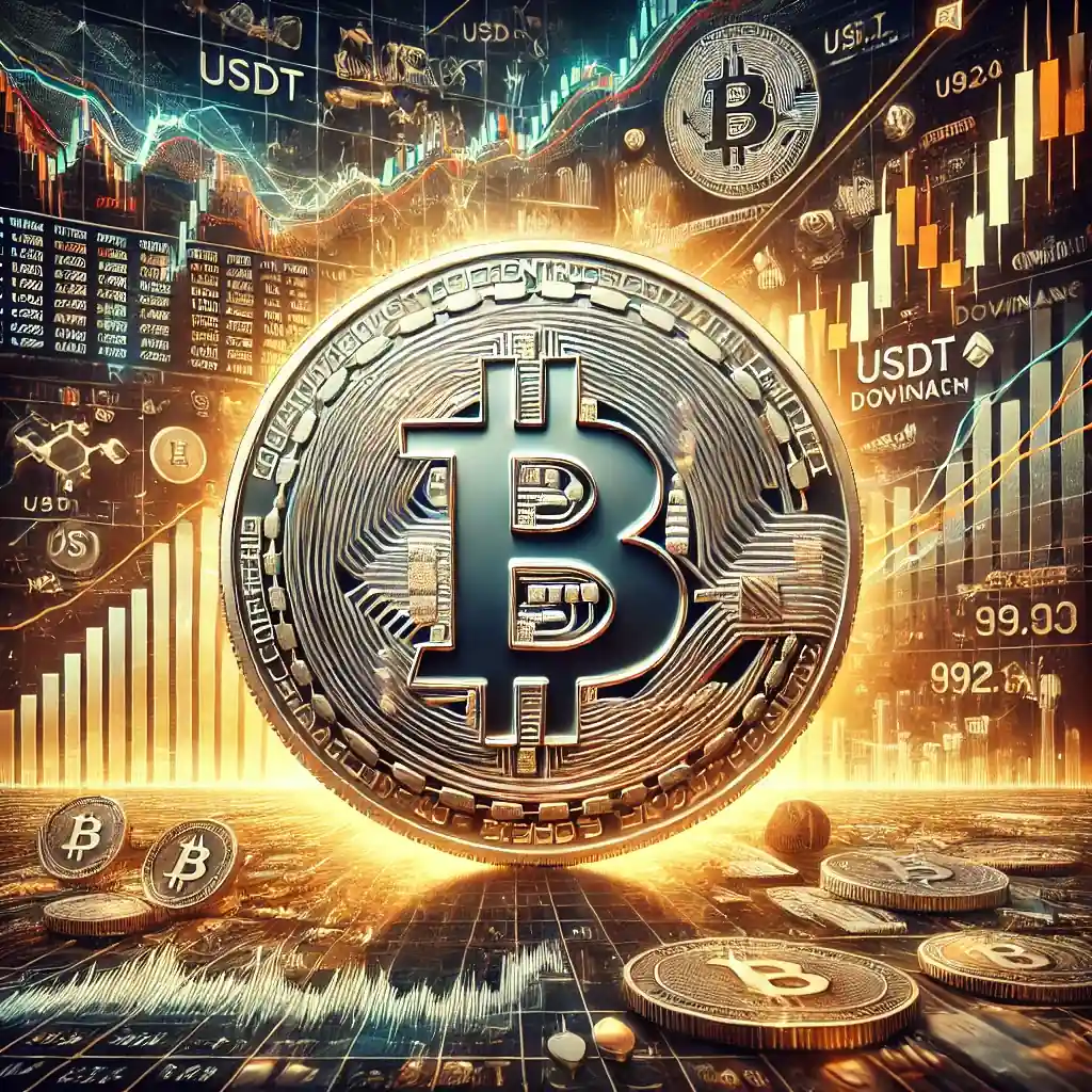 Bitcoin coin with fluctuating trading graphs, highlighting price levels between $92,000 and $99,000, with bearish and bullish market indicators.