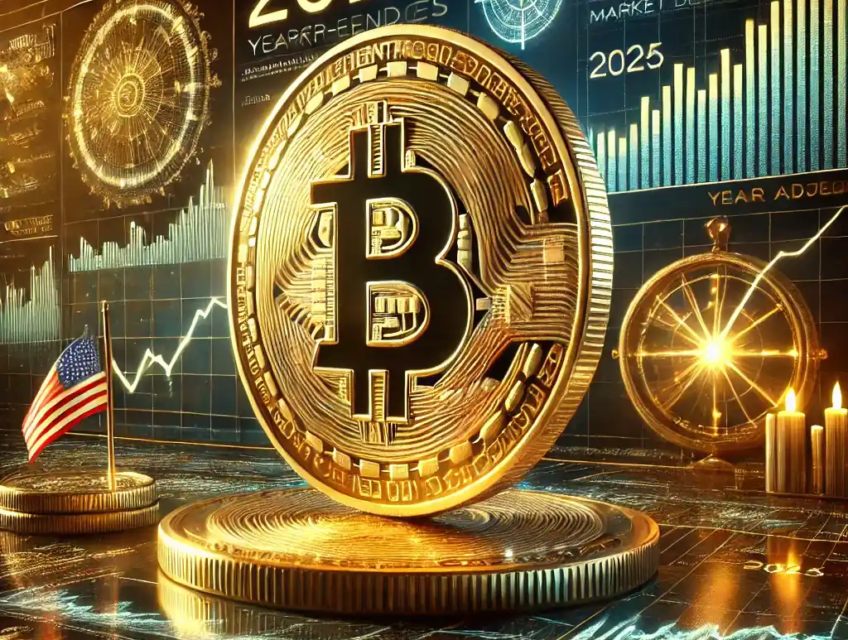 A golden Bitcoin coin with financial graphs showing a rise and pullback, alongside digital trading data and a clock symbolizing year-end adjustments.