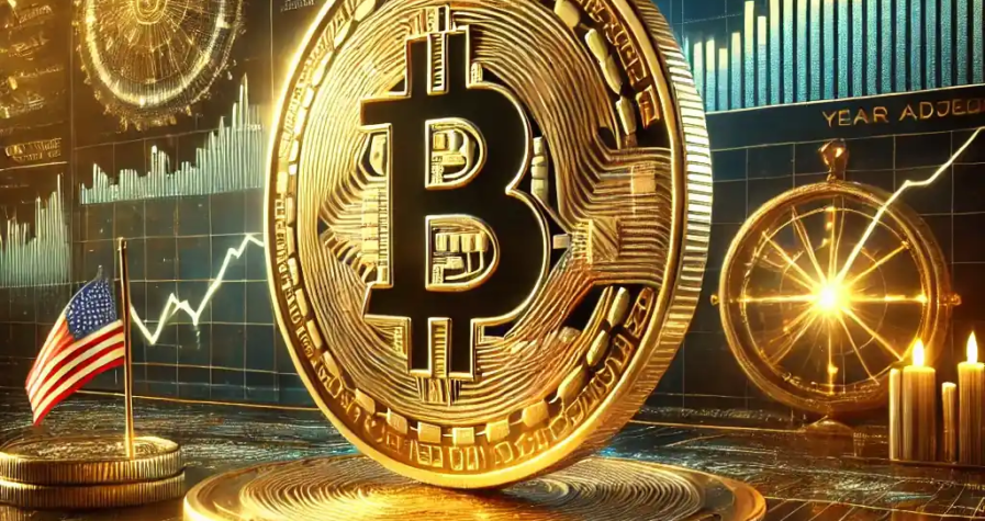 A golden Bitcoin coin with financial graphs showing a rise and pullback, alongside digital trading data and a clock symbolizing year-end adjustments.