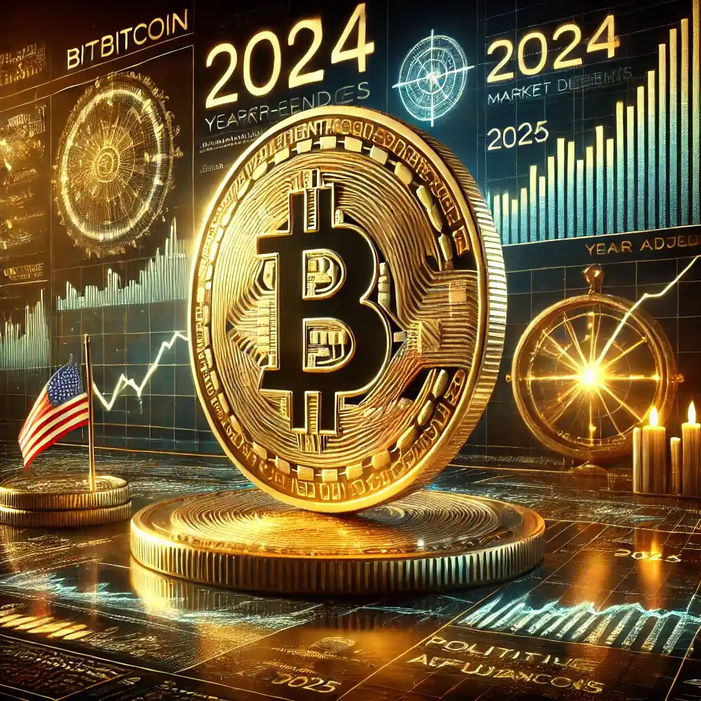 A golden Bitcoin coin with financial graphs showing a rise and pullback, alongside digital trading data and a clock symbolizing year-end adjustments.