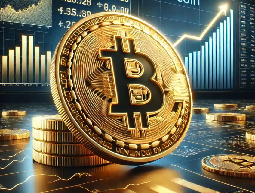 An ultra-realistic golden Bitcoin displayed on a financial graph with a steep upward trend, symbolizing its historic price surge and institutional adoption.