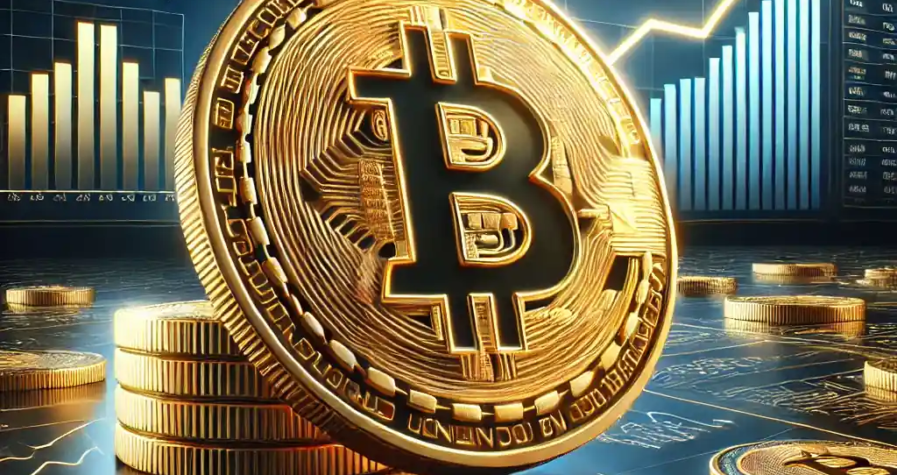 An ultra-realistic golden Bitcoin displayed on a financial graph with a steep upward trend, symbolizing its historic price surge and institutional adoption.